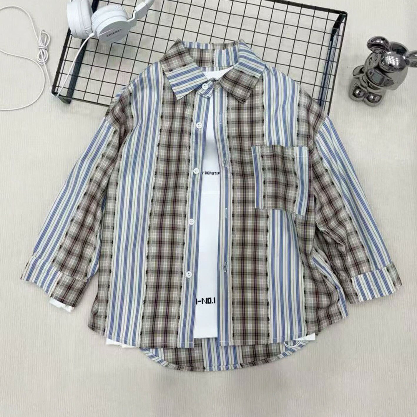 Rakuten - 【aimoha KIDS】コントラストチェック柄シャツ レトロデザイン ストリート系 カジュアル ゆったりシルエット 体型カバー おしゃれ 春夏コーデ 子供服