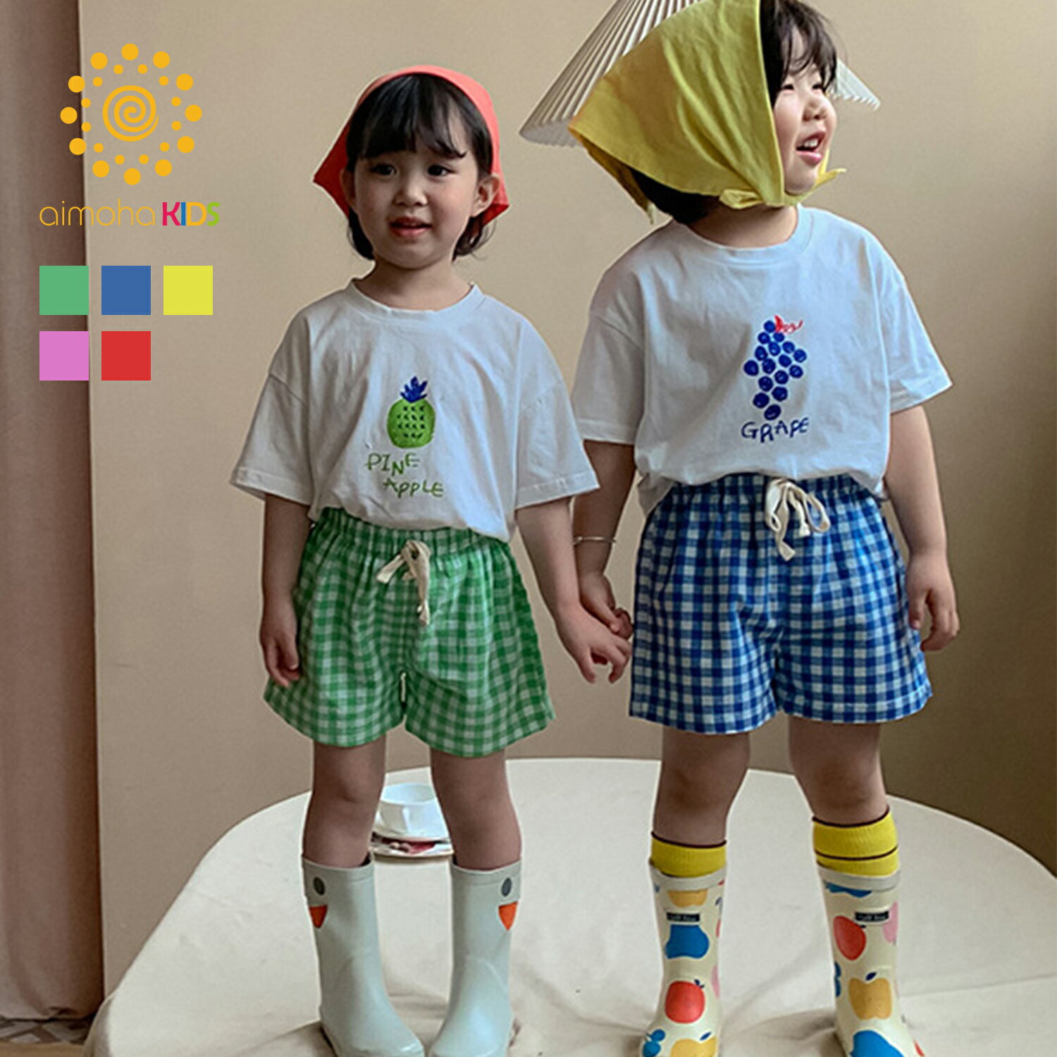 【限定クーポン10％オフ】セットアップ キッズ 半袖 tシャツ 半袖 綿95% 男の子 女の子 綿 コットン 韓国 ライク ギンガムチェック かわいい おしゃれ ベビー 子供服 ワンピース トップス ハーフパンツ 子供 こども aimoha KIDS 【フルーツTee＆チェックパンツ】