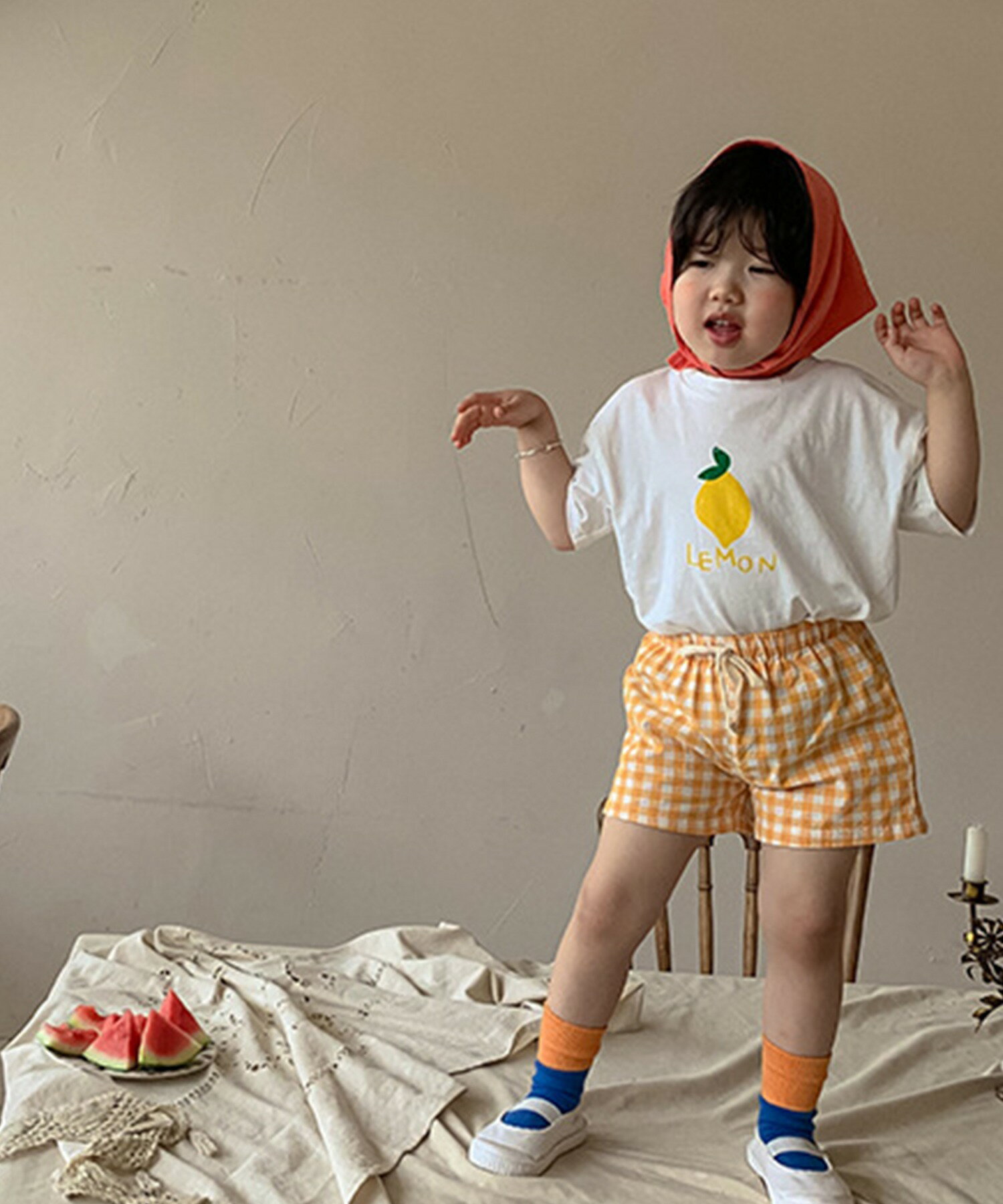 【限定クーポン10％オフ】セットアップ キッズ 半袖 tシャツ 半袖 綿95% 男の子 女の子 綿 コットン 韓国 ライク ギンガムチェック かわいい おしゃれ ベビー 子供服 ワンピース トップス ハーフパンツ 子供 こども aimoha KIDS 【フルーツTee＆チェックパンツ】