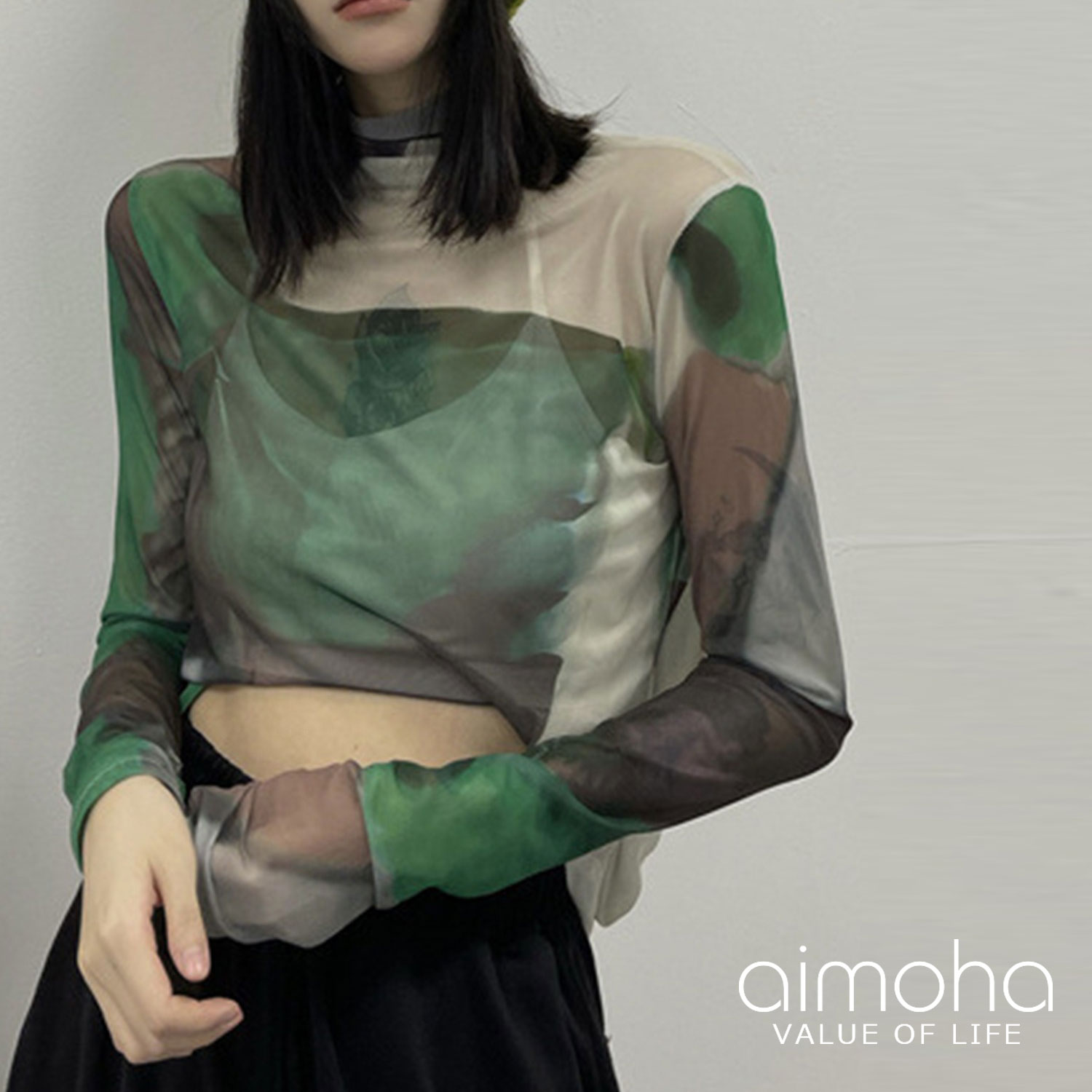 夏祭 シアートップス レディース カットソー 長袖 透け感 アート配色 シアー 韓国 ライクトップス ハイネック レイヤード 【ほんのり透け感のあるアート配色シアートップス】