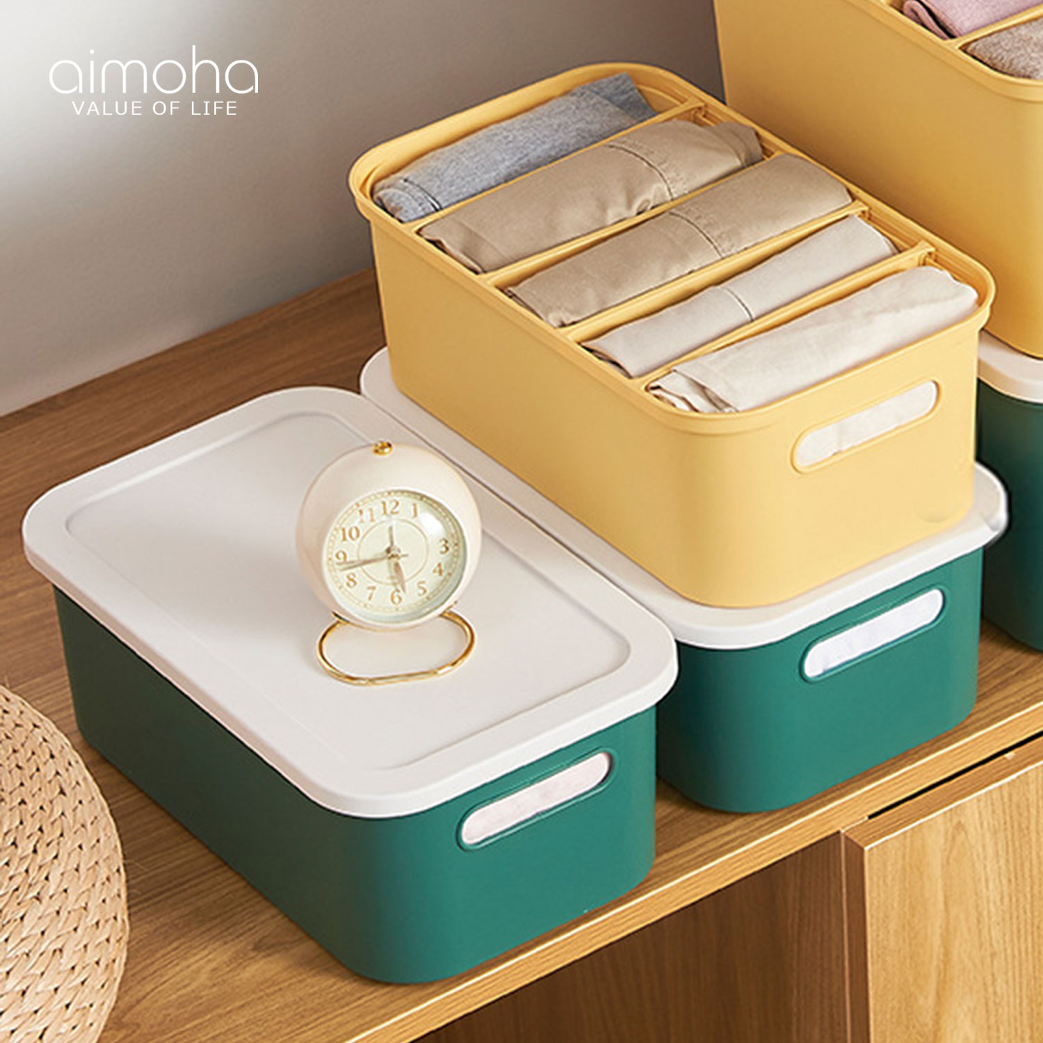 【Mサイズ】 収納ボックス フタ付き おしゃれ プラスチック 仕切り付き 収納ケース スタッキング 可愛い 洋服収納 おもちゃ収納 積み重ね ふた付き 大容量 33.8×20.4×13cm 【仕切り＆蓋付き収納ボックス】 【ラッピング不可】のサムネイル
