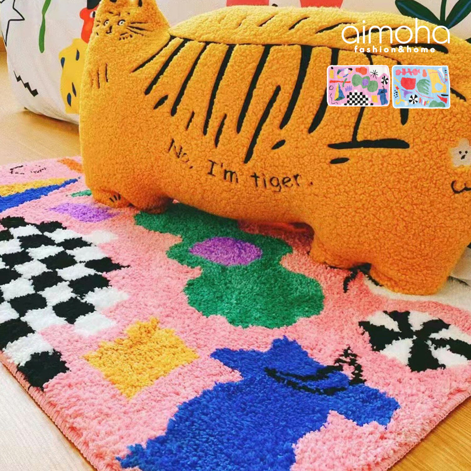【クーポンで10%OFF!!】ラグマット ロング おしゃれ カーペット ラグ マット 可愛い かわいい 韓国 インテリア 室内マット 玄関 子供部屋 ピンク SNS映え 韓国雑貨 57×80cm 裏面 滑り止め 【手書き風カラフルマット】のサムネイル