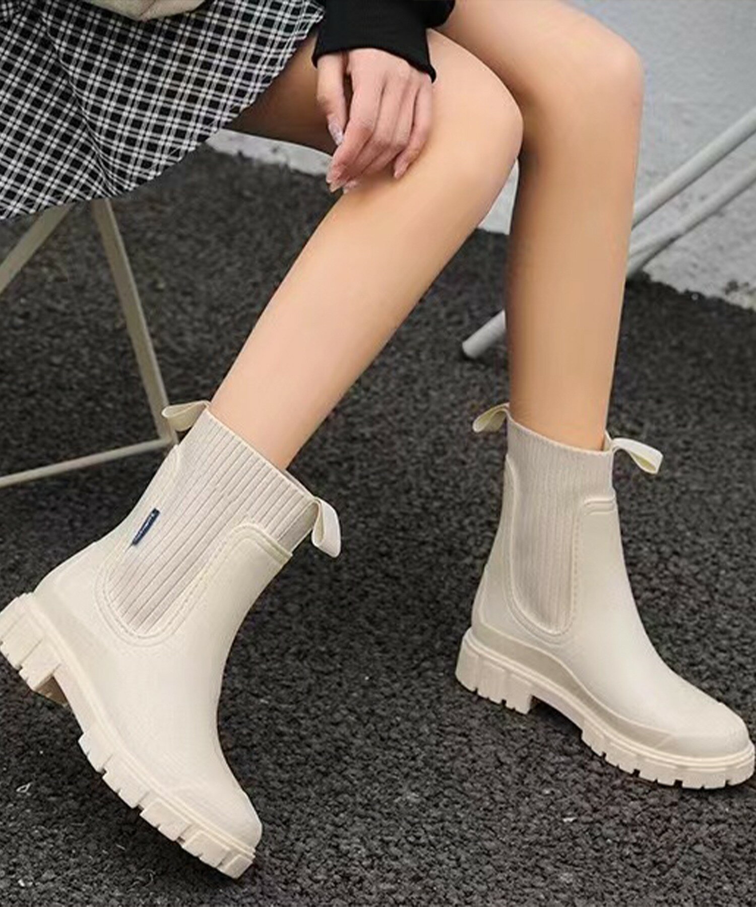 【履き口リブ編みニット素材】 レインブーツ レディース 厚底 ショート リブ おしゃれ サイドゴア おしゃれ ショートレインブーツ 大人 通勤 靴 軽量 防水 撥水 長靴 20代 30代 40代 50代 【厚底ソールで長時間でも疲れにくい】