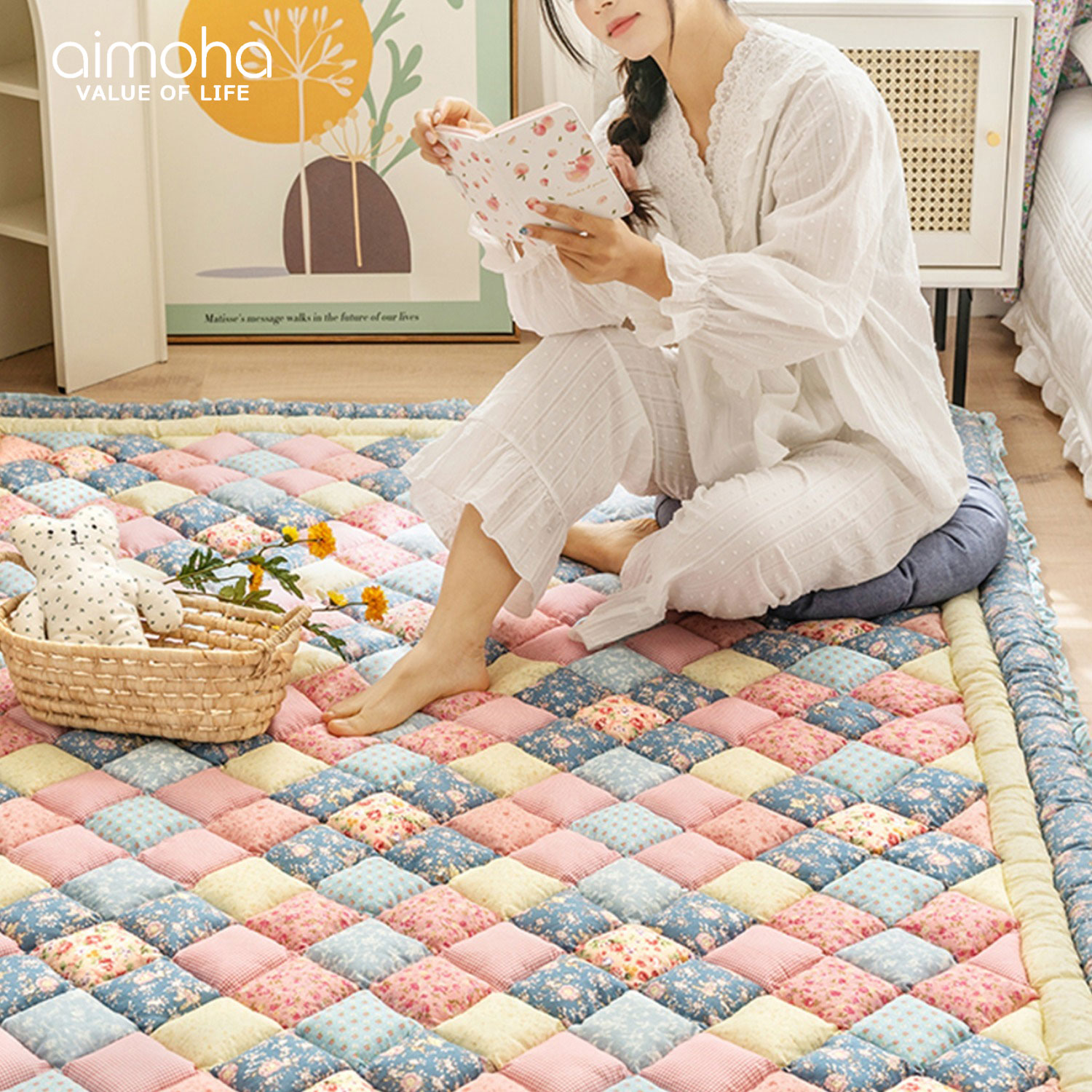 point5倍 20%OFF ラグ おしゃれ カーペット 綿100％ 可愛い かわいい 韓国 インテリア キルティング 室内マット 玄関 モダン 187×96.6cm SNS映え 韓国雑貨 【ふわふわキルティングラグ】【ラッピング不可】のサムネイル