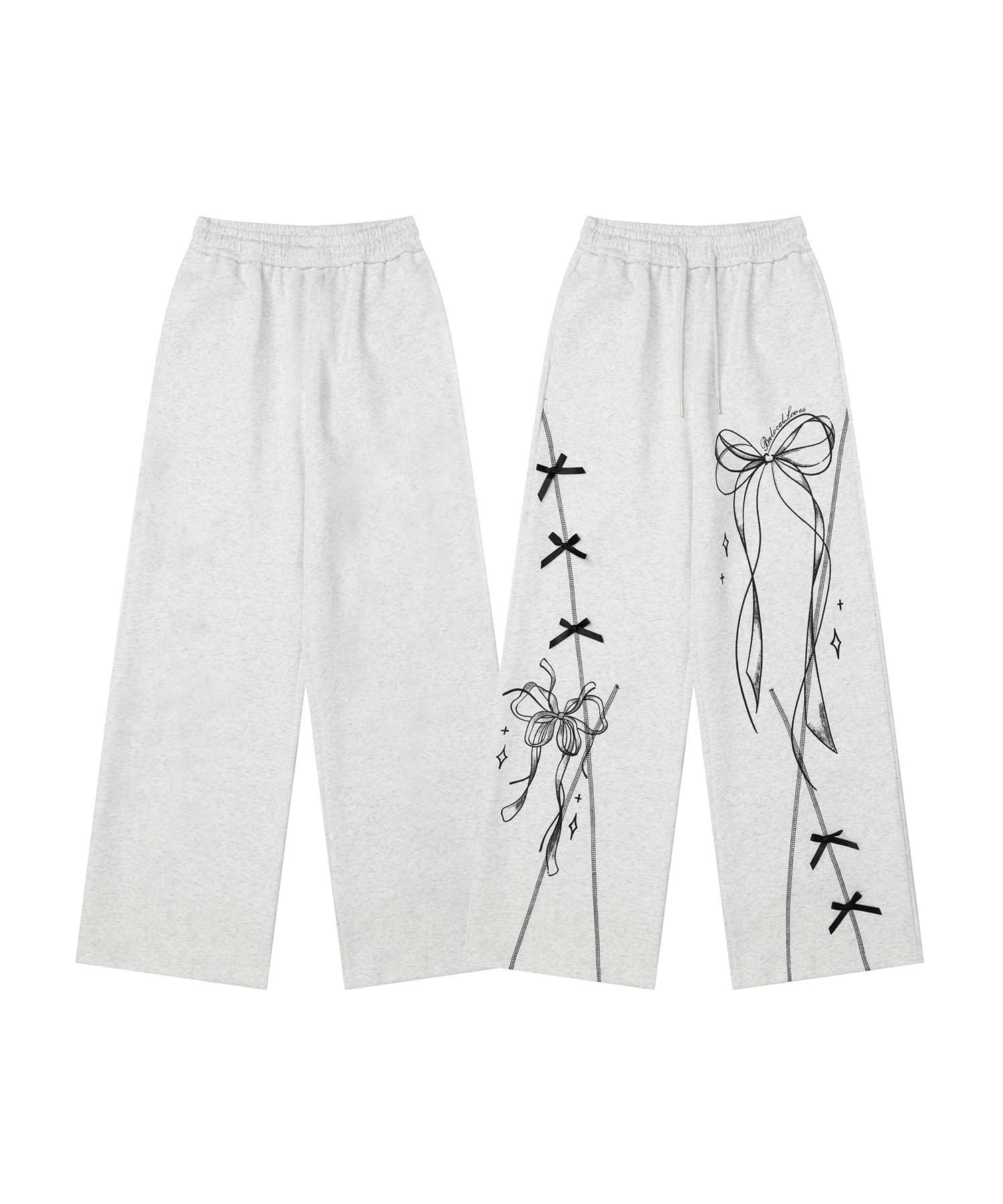 【2025NEW】【HOOK】for girls リボン落書きスウェットワイドパンツ レディース ゆったりとしたシルエットが特徴のスウェットパンツ リボンの落書き風のデザインがアクセントになっており シンプルながらも個性を演出しますのサムネイル