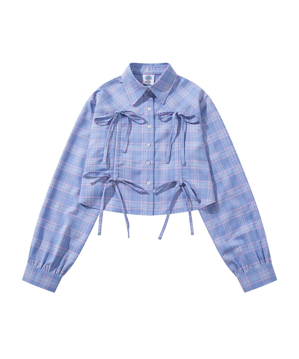 【HOOK】for girls 　ダブルシャーリングシャツ】チェック柄 ブルー 複数リボン デザインシャツ カジュ..