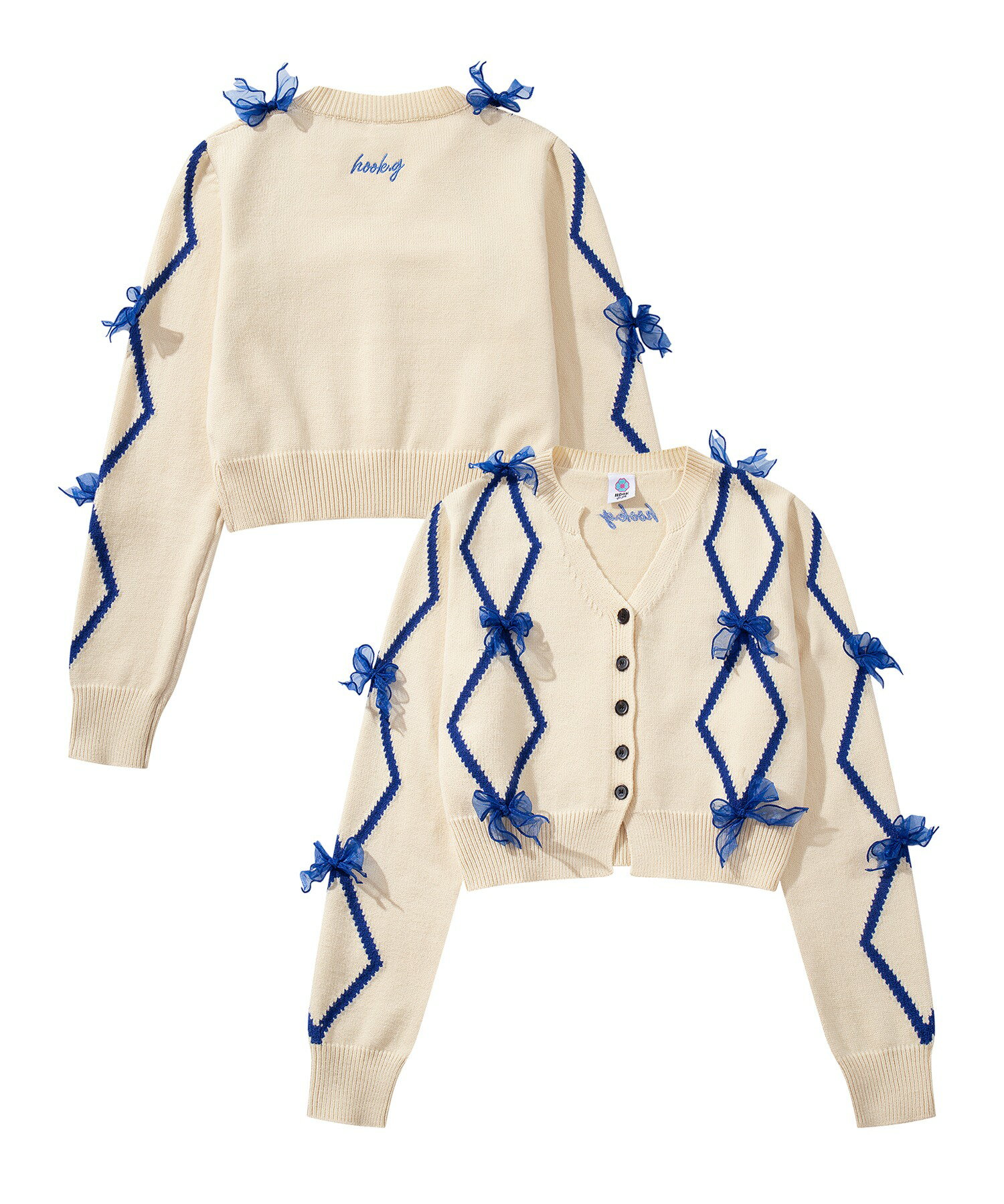 【2025NEW】 【HOOK】for girls リボン付きカーディガン ショット丈 レディース クロップド丈 ボタンデザイン セーター 可愛い カジュアル シンプル おしゃれ 春秋ファッションのサムネイル