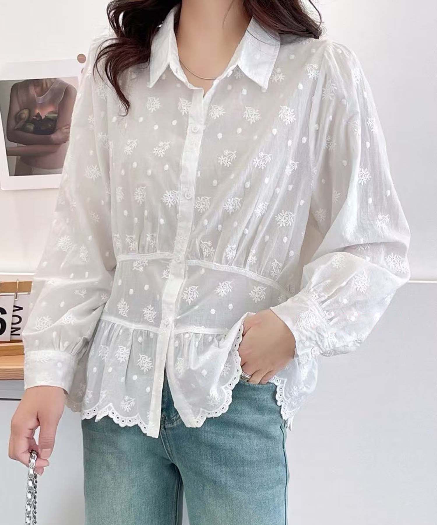 5倍POINT 25%OFFT&【2025NEW】 【aimoha】裾スカラップレース花柄シャツ エ