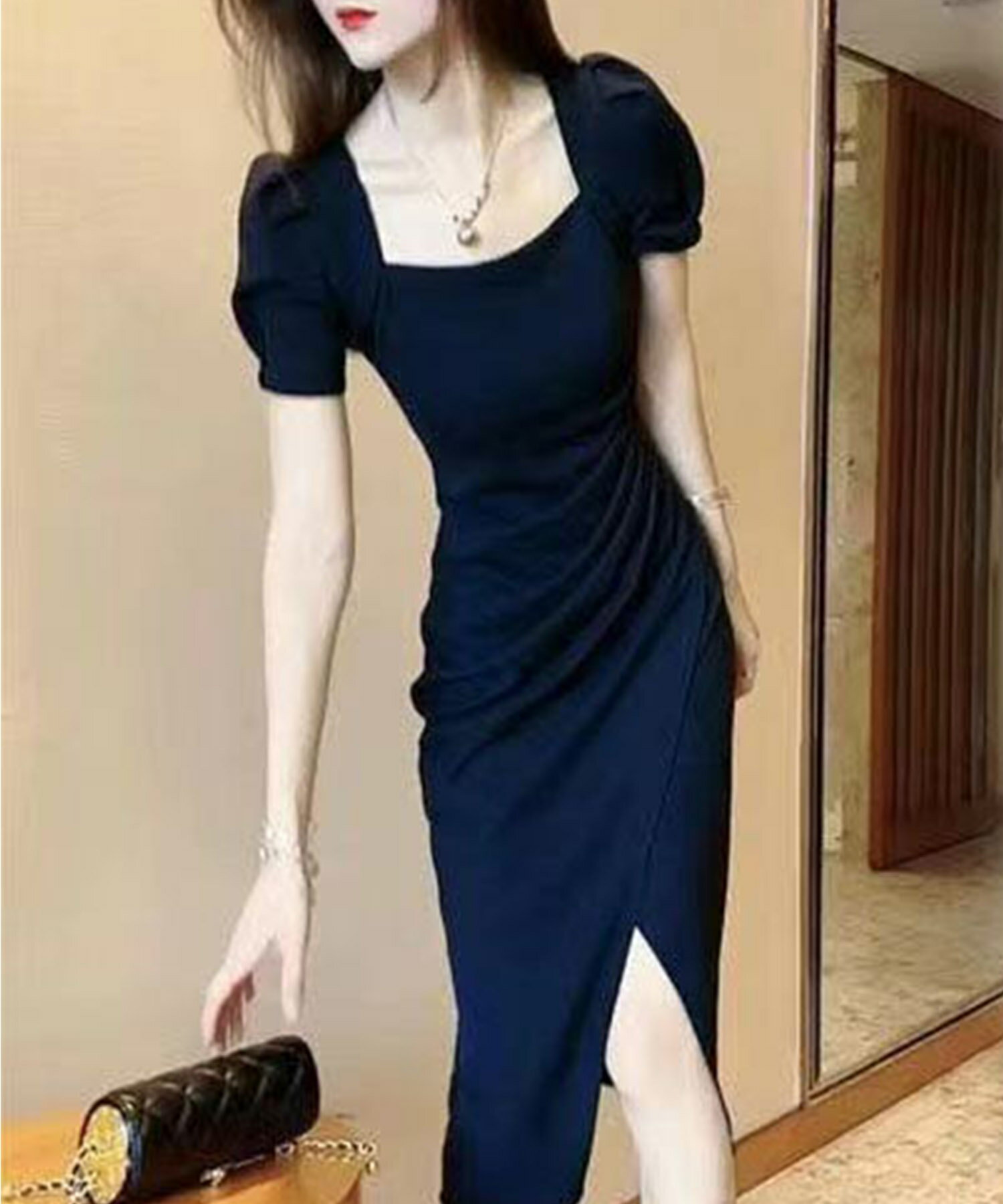 Rakuten - 【2025SU】【Jasmine】スクエアカラー ロングワンピース おしゃれ 上品 美シルエット 体型カバー 華やか 春夏コーデ お出かけ デート レディース ワンピース