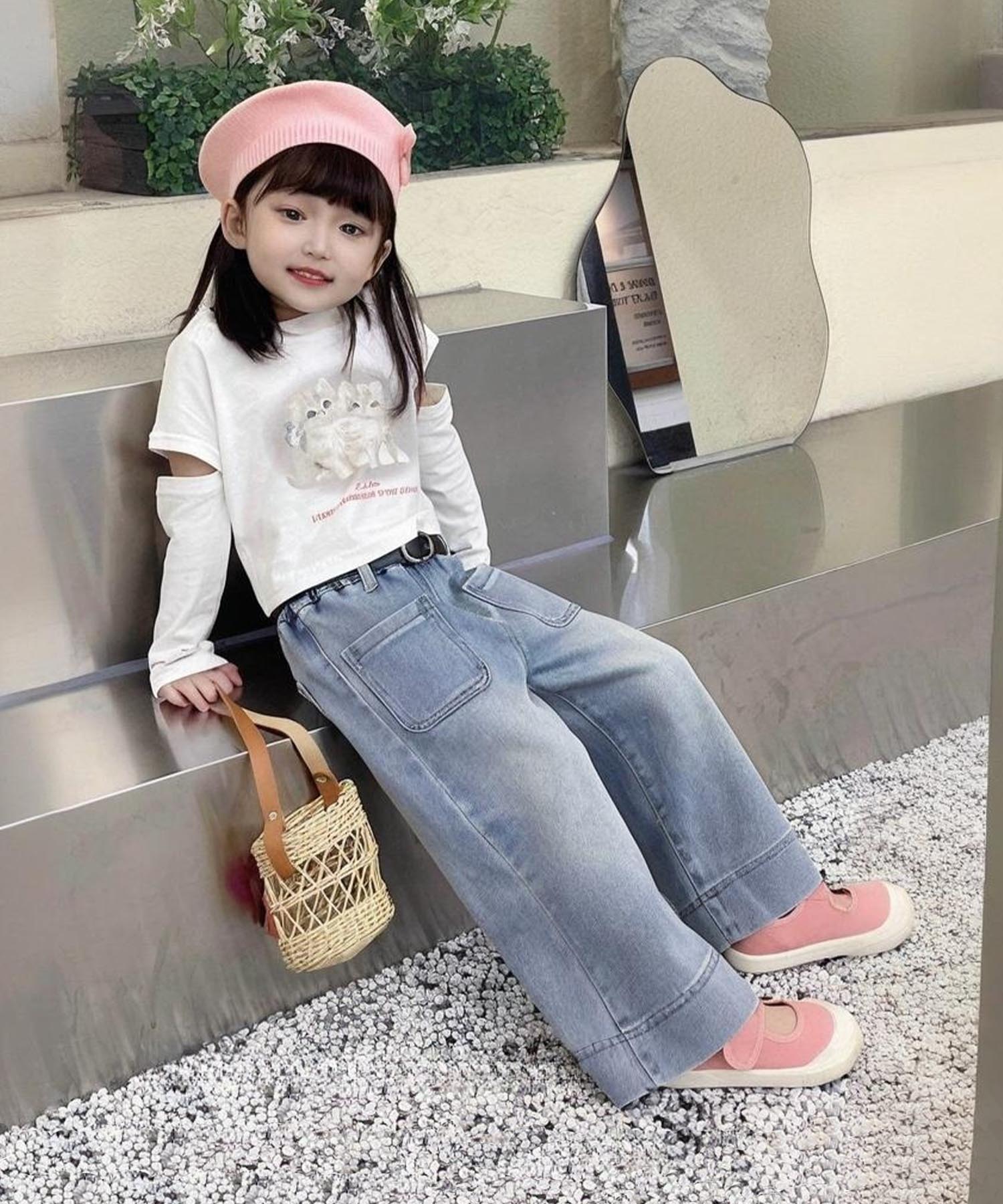 【2025NEW】 【aimoha KIDS】パッチポケット付き ワイド デニムパンツ ゆったり シンプル カジュアル ..