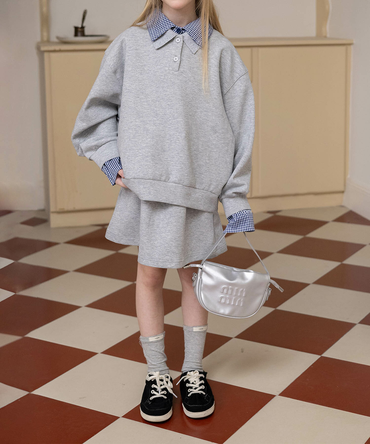 楽天aimohaマラソン祭 25％OFF&【2025NEW】 【aimoha KIDS】チェック襟トップス＆スカートセットアップ レイヤード風デザイン カジュアルルック 上下セット 長袖トップス フレアスカート 女の子 春秋 子供