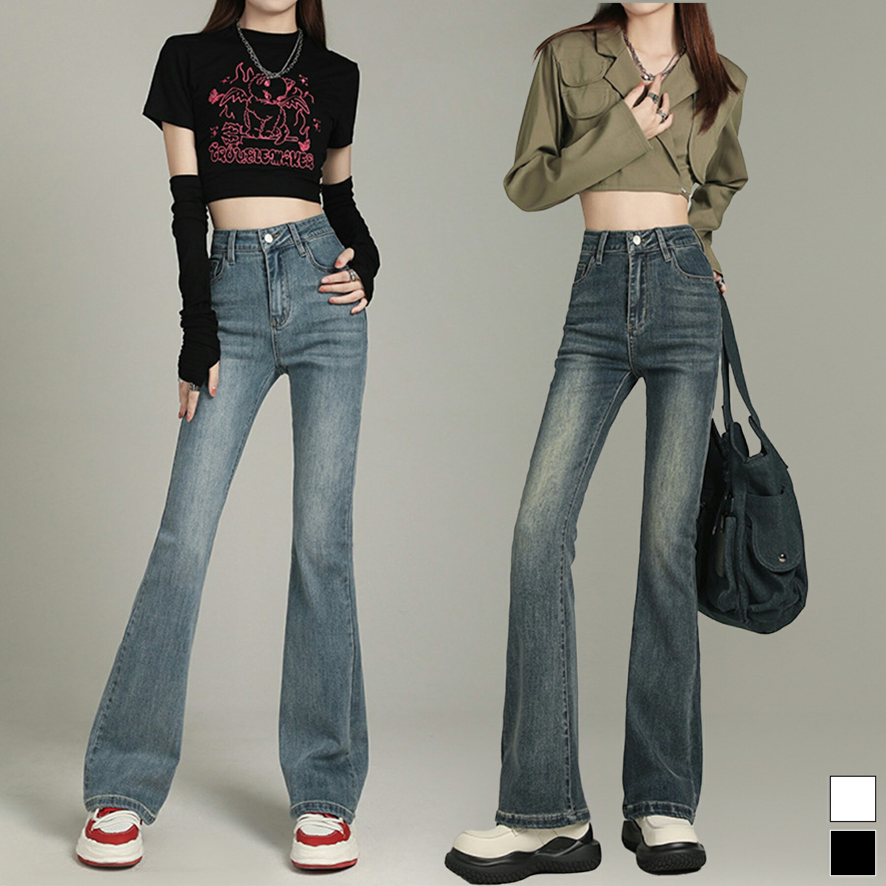 Rakuten - デニムパンツ レディース フレア 春 ハイウエスト ブーツカット セミフレア ストレッチ 美脚 脚長効果 きれいめ カジュアル 新生活 韓国ファッション 大人 おしゃれ 美シルエット セミフレアデニムパンツ aimoha