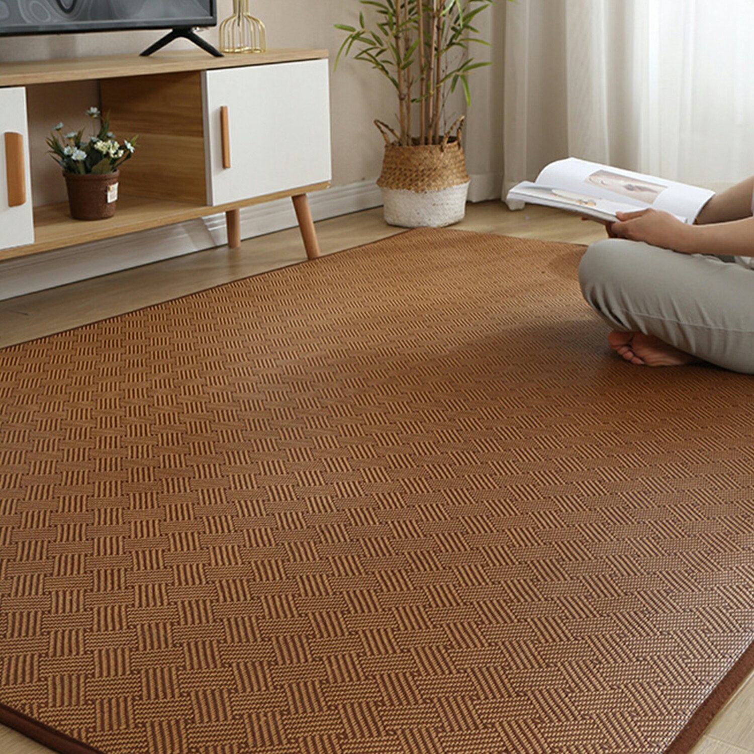 Rakuten - 夏ござ 60×180cm ござマット い草風 ラグ カーペット 夏用ラグ 涼感ラグ 接触冷感風 長方形 マット 竹ラグ リビングラグ 和風 北欧 おしゃれ 軽量 コンパクト 一人暮らし オールシーズン 涼しい 敷物 フロアマット aimoha home