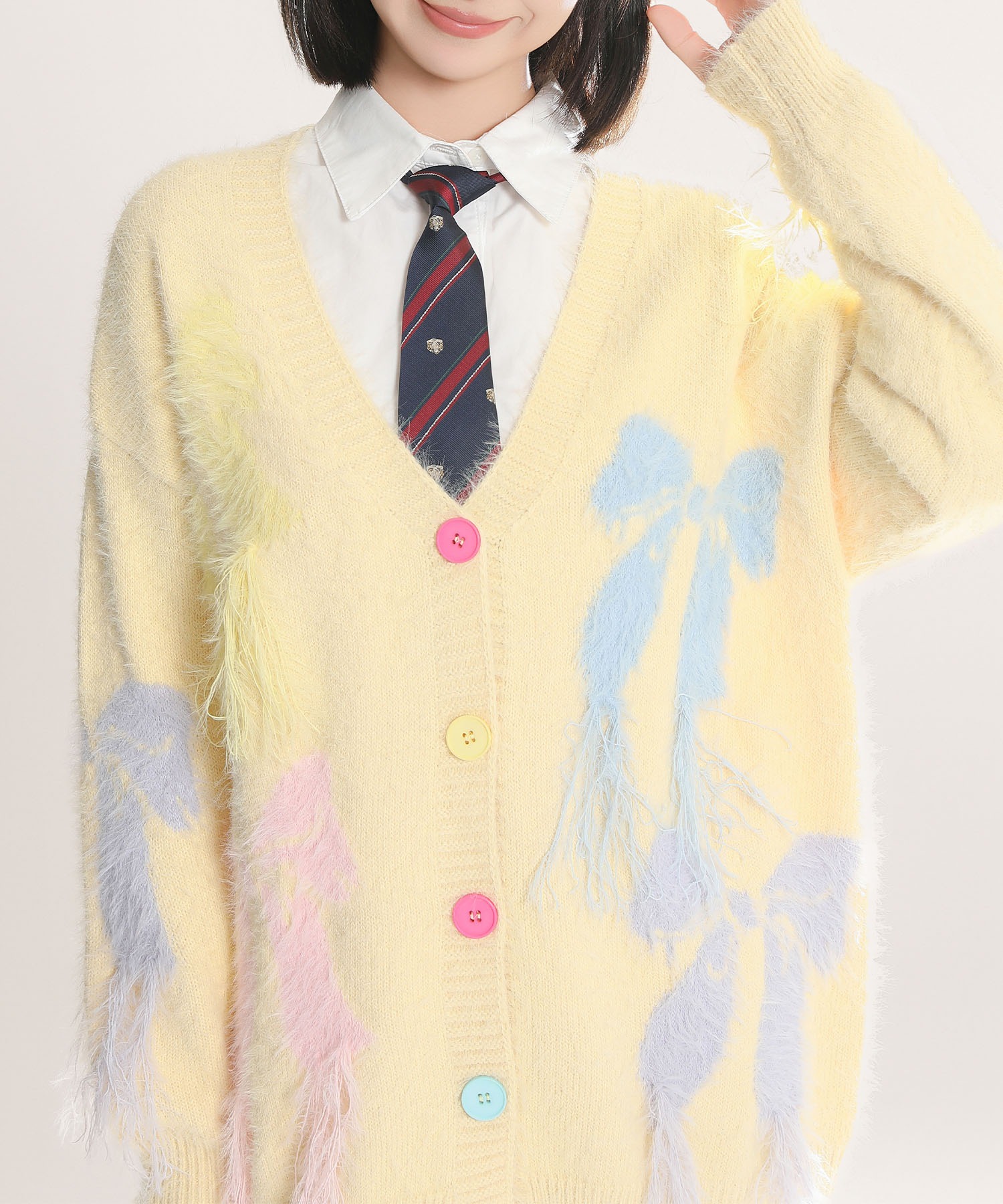 【2025NEW】【HOOK for girls】　リボンフリンジシャギーカーディガン】 カーディガン おしゃれ感 レディース シンプルなデザイン　着心地がよい ふゆ　リボン柄 Vネックニットのサムネイル