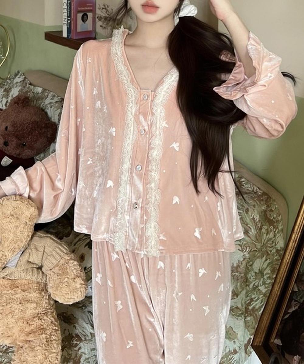 レースベロアルームウェアセット長袖...