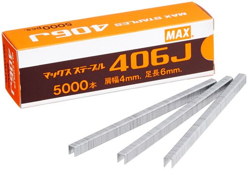 工事・照明用品、土木作業・大工用品、釘打機の関連商品 メーカー名:マックス(株)/【 特長 】/・タッカ用4Jステープルです。/・JIS A 5556(工業用ステープル)406J 408JのみJIS規格がありません。/【 仕様 】/品名:MAX ステープル 肩幅4mm 長さ6mm 5000本入り/品番:406J/肩幅(mm):4/足長(mm):6/長さ(mm):6/長さ(mm):6/MAX ステープル 肩幅4mm 長さ6mm 5000本入り/JIS A 5556(工業用ステープル)406J・408J/線材:幅1.15mmx厚さ0.6mm/【 材質/仕上 】/鉄/亜鉛メッキ処理/質量:0.