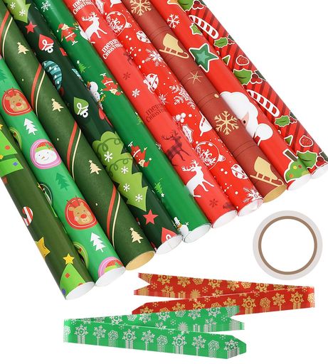 クリスマス包装紙ラッピングペーパー10枚大判74x51cm10個リボン付きクリスマスギフト梱包材ChristmasWrappingpaper両面テープ付きプレゼ...