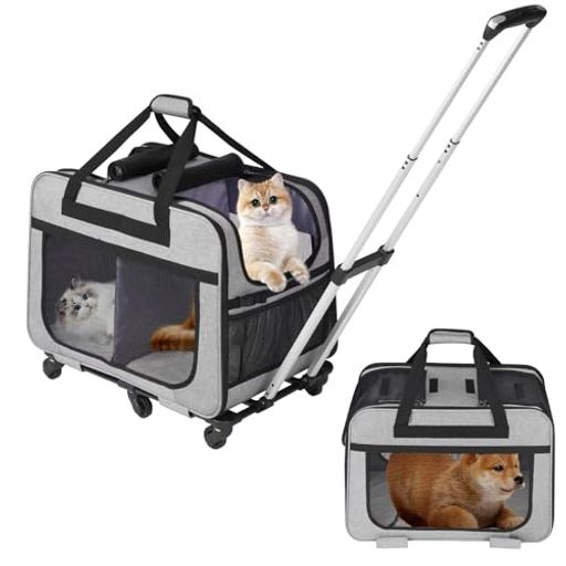 HOVONO猫2匹キャリーキャスター付き小型犬キャリーカートペットトロリーバッグペットキャリーケース折り畳み20kgまでサポート通気性旅行/通院/交通機関/災害避難用