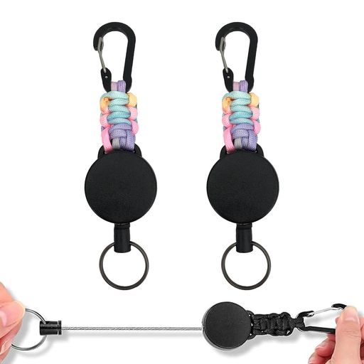 [DMEEK]2個セットリールキーホルダーカラビナ付き伸縮性リール式キーリール多機能頑丈最長60cm紛失防止金属ワイヤー吊り下げ名札キャンプハイキング釣りアウトドア用(複数の色+複数の色)