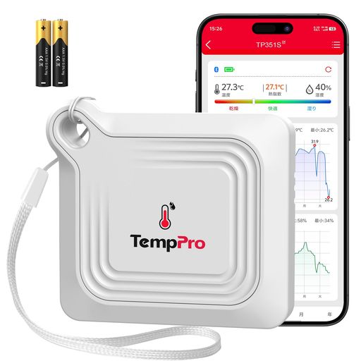 【スマホで見守る温湿度計/かんたんBluetooth接続】スマホと連携して使う無線温湿度計。付属の電池を入れ、専用アプリをダウンロードしてペアリングするだけ。自動接続テクノロジーで、機械が苦手な方やご年配の方でもすぐに使えます。ワイヤレス温度計のBluetooth通信距離は、障害物のない環境で最大約80m。スマホ連動で離れた場所からも室温・湿度をチェックできます。 【複数台をリモート管理/アラーム通知】1つのスマートアプリで、設置したテンププロデジタル温度湿度計を複数台まとめて管理。いちいち見に行かなくても、お手元で各部屋の温度・湿度をリモート監視できます。設定した範囲を超えるとスマホにアラーム通知が届くので、暑さ・寒さ・乾燥やジメジメにすばやく気づいて対応できます。 【高精度センサーで正確に計測】スマートNTC温度湿度センサーを搭載したブルートゥース温度計・湿度計。温度はプラスマイナス0.3°C、湿度はプラスマイナス2%RHの高精度で、室内の温湿度を正確に把握できます。データは約10秒ごとに更新され、こまめな変化も見逃しません。※湿度温度計を温湿度差の大きい場所へ移動した直後は、30〜60分ほど置いてからご確認ください。