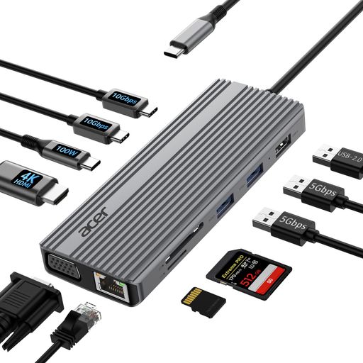 【11ポート搭載で生産性を最大化】2xUSB-C(10Gbps)、Gigabit RJ45、4K@60Hz HDMI、1080P VGA、SD/マイクロSDカードリーダー、2xUSB-A(5Gbps)、USB 2.0、100W PDを備えた Acer USB C ドッキングステーションが、多様な接続ニーズに効率的に対応。ワークフローをすっきり最適化します。【💡注意:ご使用のデバイスがビデオ出力(USB Type-C DP Alt Mode)に対応していることをご確認ください。】 【10Gbps 超高速データ転送】大容量ファイルも数秒で転送できる10Gbps USB-Cポートを搭載。さらにUSB-A 3.0/2.0 と高速 SD/Micro SD カードリーダー(104Mbps)を備え、写真や動画編集などクリエイティブ作業にも最適。【📌注意:USB-C(10Gbps)およびUSB-Aポートはデータ転送専用で、映像/音声出力には対応していません。】 【映像出力】💡お使いのUSB-Cデバイスが映像出力機能に対応していることを確認してください。HDMI単独使用時は4K@60Hz出力に対応。