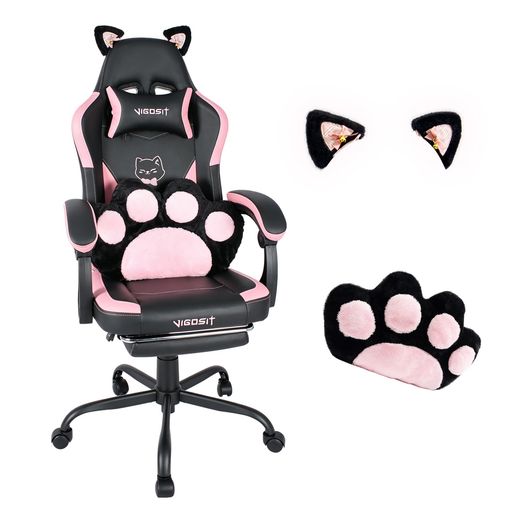 VIGOSIT 猫耳ゲーミングチェア(フットレスト付き) - 調節可能な腰部サポート、耐荷重140kg。取り外し可能な可愛い猫耳、綿詰めの人間工学設計PCチェア、女の子/ティーン向け(ブラックピン…