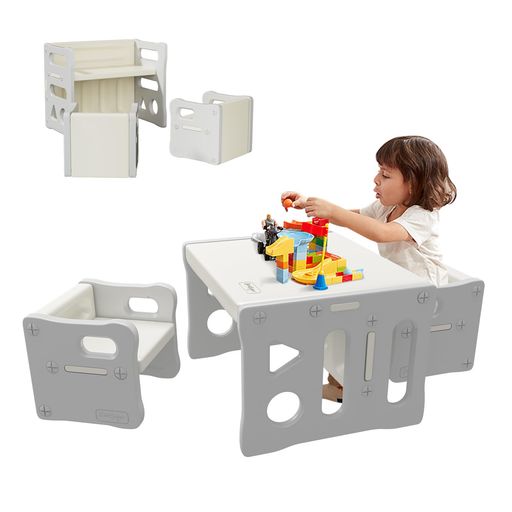 BanaSuper子供用テーブルと椅子3点セットお絵描きデスクアクティビティチェア多機能プラスチック家具軽量収納組立簡単リビング学習/絵かき/ダイニング/プレイセットホワイトとグレー