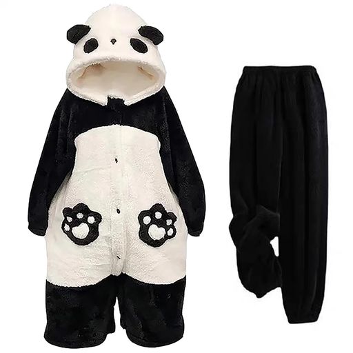 [XHSUKADO]パンダ柄着る毛布おもしろレディースメンズ男女兼用秋冬かわいいふわふわもこもこルームウェアフード付き防寒保温あったかお洒落春夏秋冬ボトムス付き手袋付きブラック+ホワ…