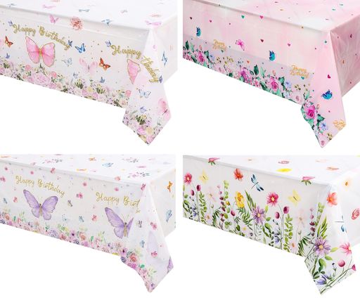 siawadeky誕生日飾り付けテーブルクロス4枚セットおしゃれ花蝶HappyBirthdayテーブルカバー防水防油使い捨てテーブルクロス食卓ダイニングデコレーション誕生日お祝いパーティー自宅業務用