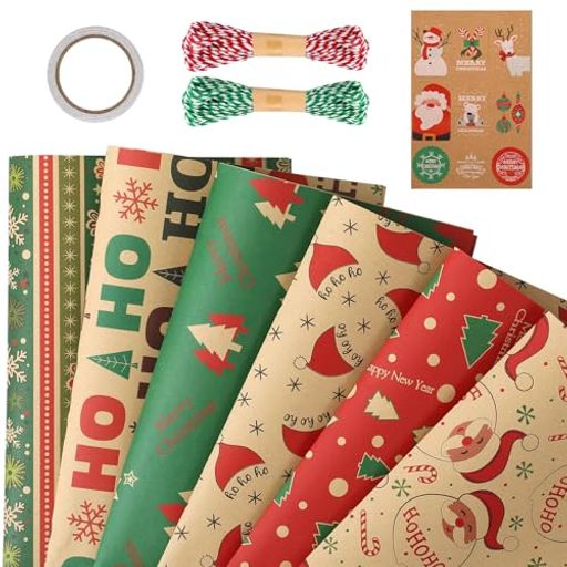 girldateクリスマス包装紙6枚セット50*70CMラッピングペーパークラフト紙厚手大判誕生日クリスマスプレゼントテープロープ付き