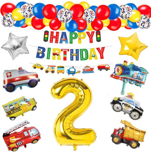 誕生日飾り付け男の子バルーン数字2歳バースデーバルーン誕生日プレゼント風船車パーティー飾り人気高級気球車両列車警察車両トラック救急車バスヨット消防車51点セット