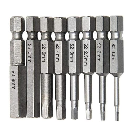 【サイズ】1.5mm、2mm、2.5mm、3mm、4mm、5mm、6mm、8mm。(各サイズ1本ずつ),全長さ:50mm 。 【素材】S2合金鋼、全体熱処理で、表面は平滑であり、耐摩耗性が強いです、錆びにくいです。 【高硬度】全体が高温焼入れ処理を採用しており、高硬度、トルク、靭性、およびより耐久性が実現します。 【強磁気吸着】この六角ドライバーヘッドは磁気吸着を備えています。磁気ヘッドはドライバーにしっかりと固定でき、作業が楽になります。 【範囲が広い】建築関連、車両整備、家具組み立て、部品、電気工事、工場勤務などに適しています。