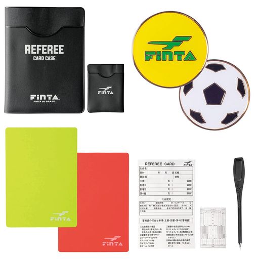 サッカー、フットサルの審判をする時に必要なレフリー小物をセットしたフィンタのレフェリー スターターセット。今や、サッカー、フットサルでレフリーを始める人の定番中の定番となっているセットがより使い易くお得にリニューアル。こちらはAタイプは「ホイッスルだけは自分で選びたい」という方のためのセットです。ホイッスル以外の必要なものを一つにパッケージして、しかもリーズナブルにご購入いただけます。 【セット内容】 ■レフェリーカードケース ■ えんぴつ1本 ■レフェリー記録用紙1枚 ■トスコイン ■警告・退場カード 【主な原材料】合成樹脂 【原産国】日本