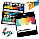 Ohuhu水彩絵の具セット24色6本水彩筆絵の具絵具水彩画セット画材絵画透明水彩白男の子女の子大人初心者藍色12mlペイントチューブ