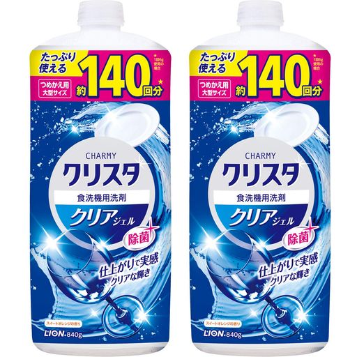 商品サイズ(幅x奥行x高さ):17cmx6.9cmx21.3cm 原産国:日本 内容量:840gx2個 食洗機洗剤 輝く洗い上がりで、除菌もできる食洗機用ジェル洗剤 除菌成分配合 スイートオレンジの香り 液性:中性