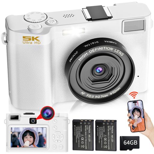 MoledroWIFI転送機能デジタルカメラスマホに送れるデジカメ5K6400万画素デュアルレンズ64GBマイクロSDカード付き18倍デジタルズームオートフォーカス機能手振れ補正ウェブカメラ自撮り便利3…