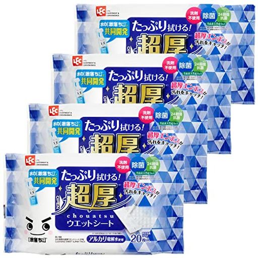 レック 水の激落ち 超厚 ウェットシート 20枚入 (4個パック) フローリングシート/洗剤不使用/除菌 /24時間抗菌 / アルカリ電解水使用 / S00996
