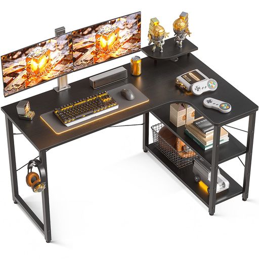 ODKゲーミングデスクl字パソコンデスク幅130机デスクdesk棚付き在宅勤務pcデスク桌子勉強机L字型組立簡..