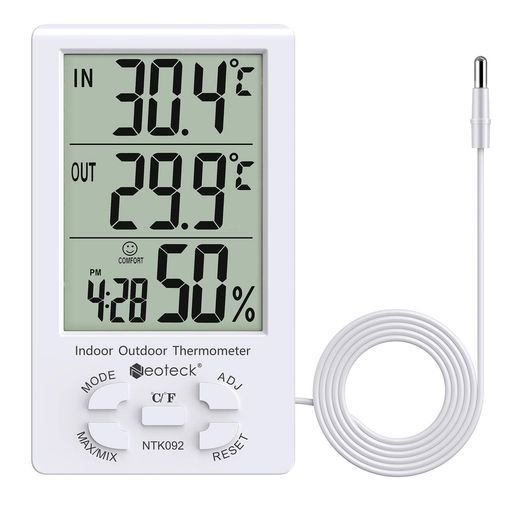 Neoteck 温湿度計 精度プラスマイナス 1°C センサー LCDデジタル 室内外温度 室内湿度 置き掛け両用 温湿度測定 家庭用 熱中症予防 (白 3mコード)