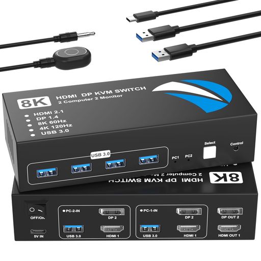 【HDMI&amp;DisplayPort KVMスイッチ デュアルモニター】2台のPCそれぞれからDisplayPortとHDMIの映像信号を入力し、2台のモニターに同時に出力して切り替えることができます。これにより、デュアルモニター環境を複数のPCで共有することが可能です。コピーモードと拡張モードの両方をサポートしており、用途に合わせて表示方法を選択できます。また、4つのUSB3.0ポートを備えているため、キーボードやマウスだけでなく、プリンターや外付けストレージなどのUSBデバイスも高速で共有可能です。切り替えは本体ボタンまたは付属の有線コントローラーで行えます。【重要なご注意】ご使用の各パソコンにDisplayPort、HDMIポート、USB-Aポートが搭載されていることを必ずご確認ください。本製品はドッキングステーションおよび追加アダプターケーブルには非対応です。 【8K@60Hz/4K@120Hzの高解像度・高リフレッシュレートに対応】最大8K@60Hzまたは4K@120Hzという非常に高い解像度とリフレッシュレートに対応しています。
