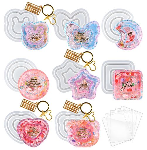 Wabekoシリコンモールド8個セット+PPシート5枚付きレジン型流砂型円形正方形丸形小動物ハート蝶月シェ..