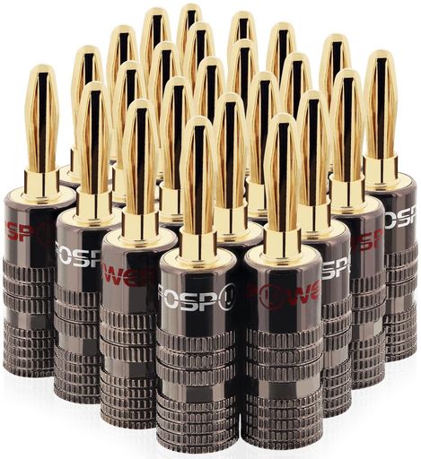 FosPowerバナナプラグコネクタ【ねじ込み式/24k金メッキ/金属シェル】ソルダーレススピーカーケーブル/スピーカーワイヤー/壁プレート用(24本セット/12ペア)