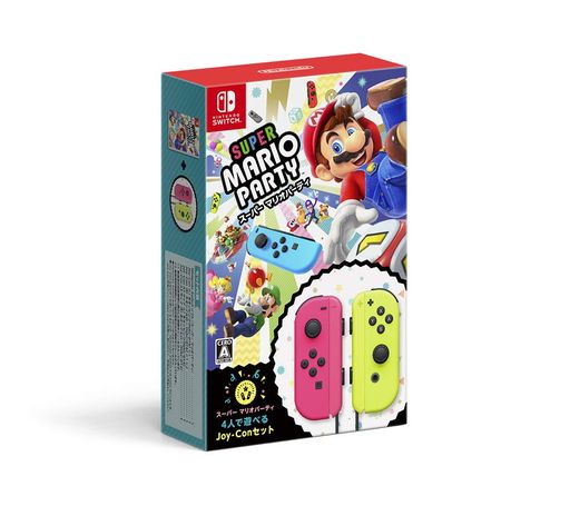 Nintendo Switch『スーパー マリオパーティ』は、 Nintendo Switchの特長を活かして新しく生まれ変わった『マリオパーティ』! TVモードはもちろん、Nintendo Switchが2台あれば、Joy-Conをおすそわけして、テーブルモードでも最大4人で遊べます。 メインの「マリオパーティ」モードでは、キャラクター特有のサイコロなど新規要素が盛りだくさん。さらに「トイパーティ」モードでは、2台のNintendo Switchをつなげて遊ぶなど、ユニークなプレイスタイルのゲームが楽しめます。 対応する10種類のミニゲームから決まった5つのミニゲームを連続でプレイして 競い合うオンライン専用モード「オンラインアスロン」も収録されています。