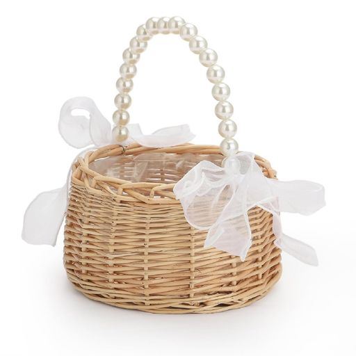 koundeneko枝編みフラワーバスケットパールハンドミニ手持ちリポン付き編みかごフラワー入れ結婚式披露..