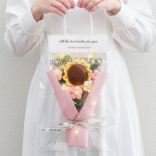 DIFEIUKIひまわり花束ニット造花糸手編みブーケ透明手提げ袋付き枯れない花可愛いバレンタインデー誕生日母の日入園祝い入学式卒業式祝いプレゼント完成品