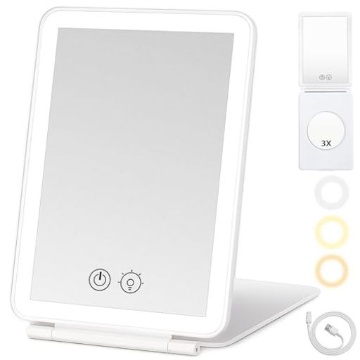 さえだ卓上鏡化粧鏡【三色ledライト・無段階輝度調整・拡大鏡3倍】女優ミラーきミラー折りたたみ卓上ミラーコンパクトUSB-C充電式卓上ミラータッチ式メモリー機能角度調整鏡ライト付き…