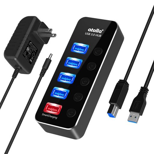 USB3.0ハブ電源付きatollaUSBハブ5ポート【USB3.0ポート*4+充電ポート*1】USBハブセルフパワー/バスパワーUSBHUBアルミニウム・独立スイッチ付きUSB3.0拡張5Gbps高速データ伝送