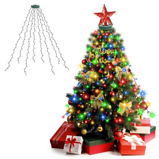 【クリスマスツリー飾りライト】クリスマスツリー用のおしゃれなLEDイルミネーションライトは高品質のLED電球を使用しているため、ストレートライトの輝度は従来品より明るいです。一粒一粒が明るくてどの方向から見ても綺麗です。長さ2mの垂れ下がるワイヤライトが8本で、合計280球のLEDストリングライトは120cm/150cm/180cm/210cm程度の家庭用クリスマスツリーに取り付けるとボリュームのある光を楽しむことができるし、オーナメントやリボンなどのデコレーションと組み合わせて綺麗に飾れます。クリスマス以外でもご自宅のオブジェや家具などにも装飾が可能です。アレンジ一つで普段とは違う光の世界が堪能できます。 【取付楽々で設置の手間が省け】8本ドレープライトライトの上部が均等に輪っかに固定しているため、写真のようにクリスマスツリーの上部から直径10cmの輪っかを通して後は吊り下げるだけで電球取り付け完了。8本のライトを広げるだけでツリーをバランスよく装飾できます。