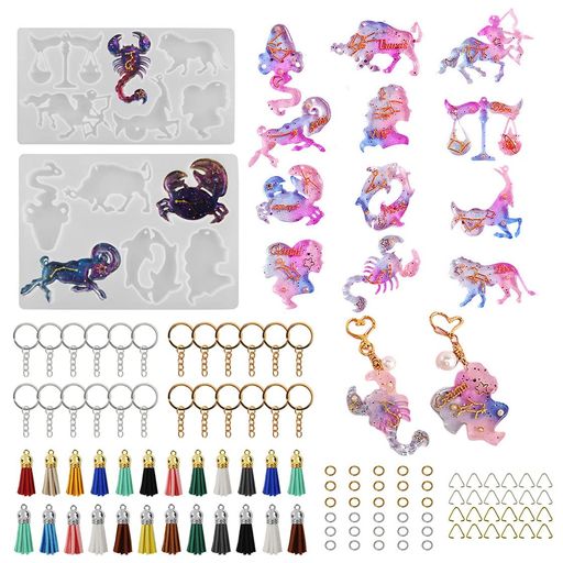 シリコンモールド12星座タッセル+キーホルダー+フープピアス付きバッグの装飾ペンダントピアスネックレ..