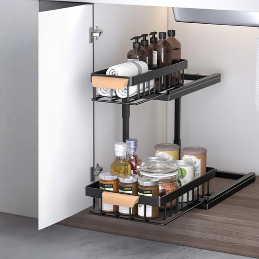 Cupboards, Kitchen Boards - シンク下収納ラックシンク下収納引き出し2段キッチンラック洗面台下キッチン収納ラック調味料小物整理大容量組み立て簡単省スペース防水防汚防錆台所洗面所バスルーム(ブラック)